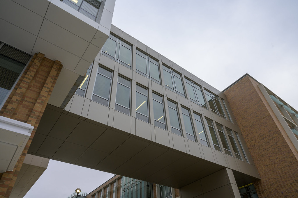 An enclosed bridge connecting two buildings