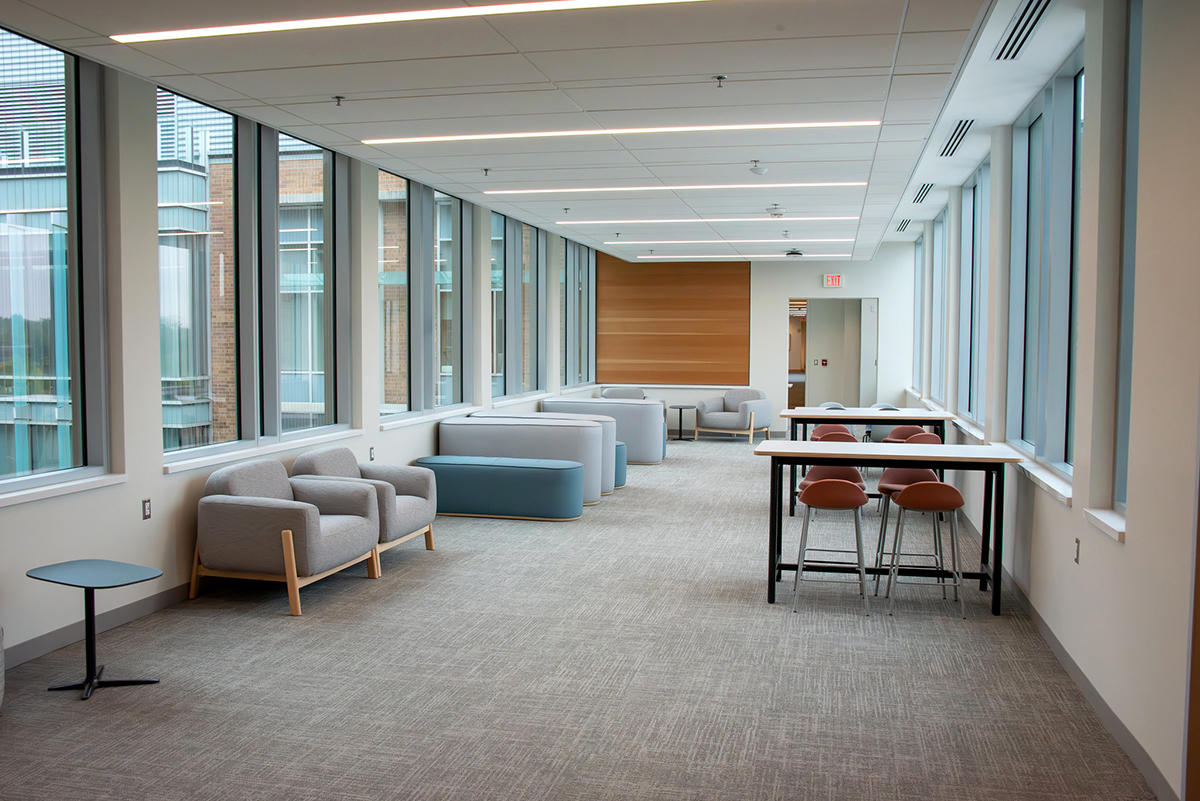 lounge with comfy seats and tables